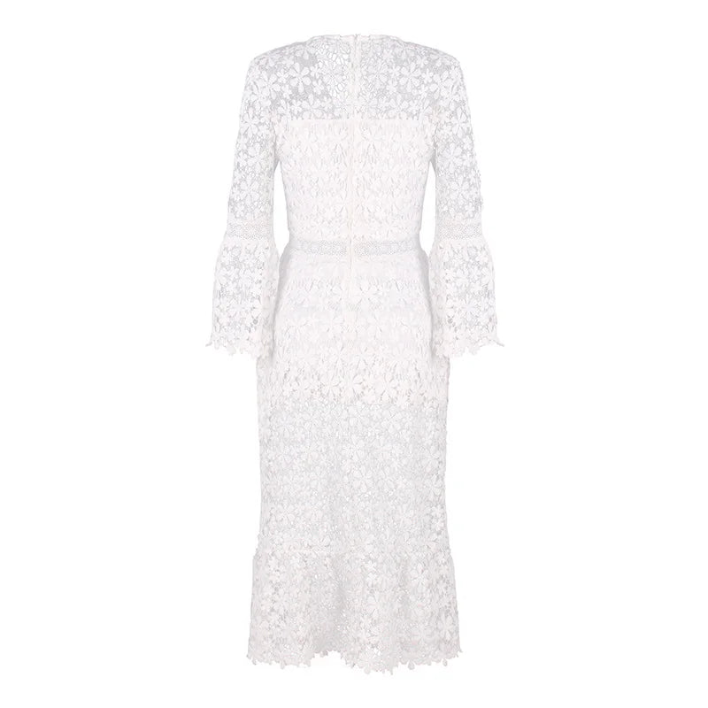 Sexy Autumn Lace Long Sleeve V-neck Big Show Long Dress Women Polyester Fabric High Waist Hollow Out Design Summer Style