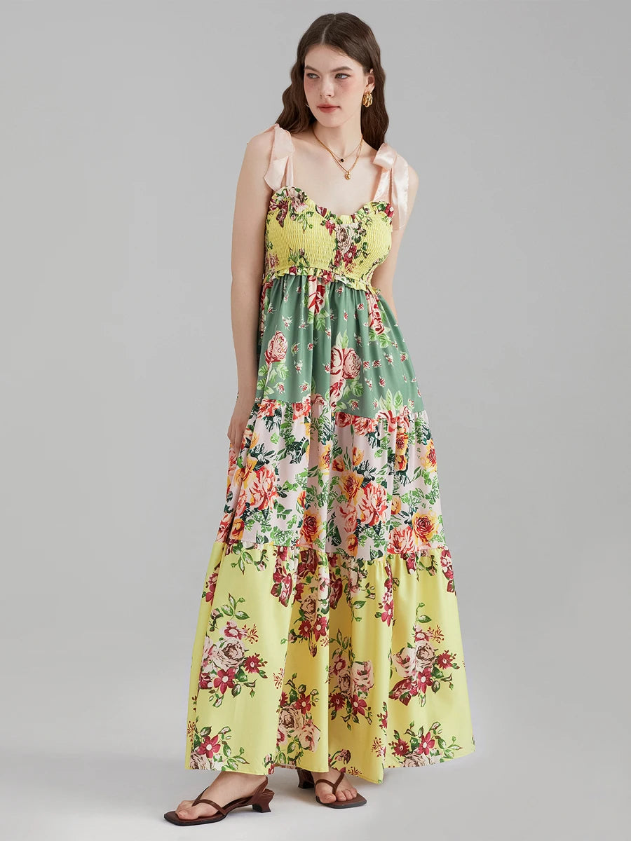 Combhasaki Women's Y2K Vintage Floral Print Ribbon Tie-Up Shoulder Straps Sleeveless V-Neck Summer Big Swing A-line Long Dress
