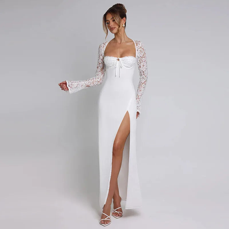 Mozision Lace Long Sleeve Sexy Maxi Dress Women Autumn New Square Collar Backless Lace-up High Split Sexy Club Party Long Dress