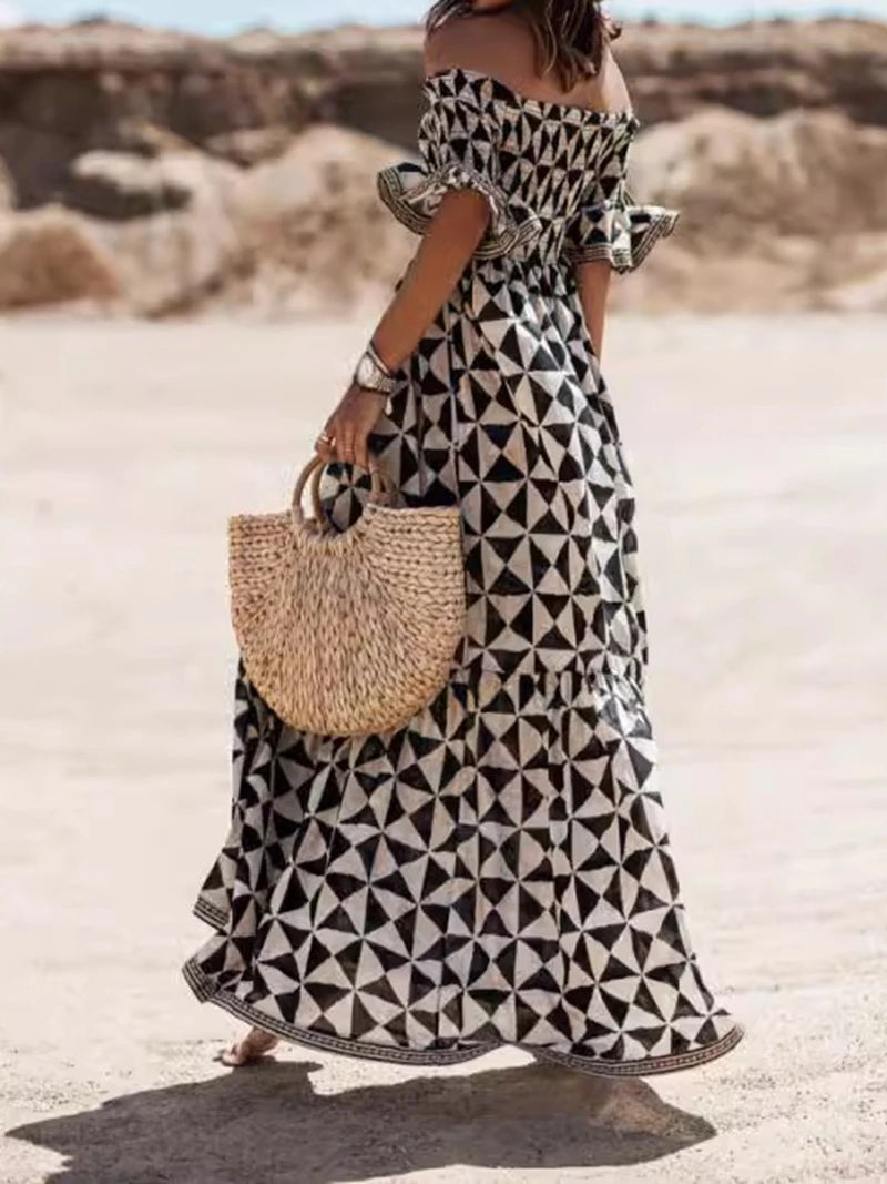 Women's One Line Neck Off Shoulder Elegant Printed Waist and Ankle Long Dress Women's Fashion Dress