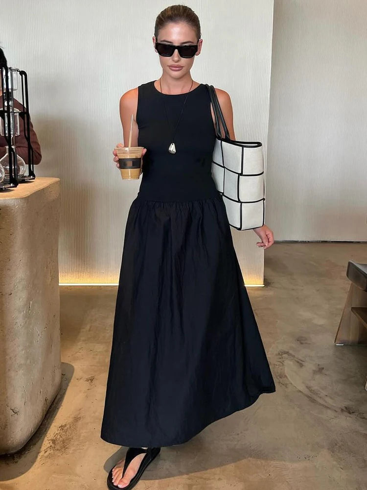 Fashion Patchwork Long Dress For Women Chic O-neck Sleeveless Party Midi Dresses Female Elegant Evening Holiday Lady Vestidos