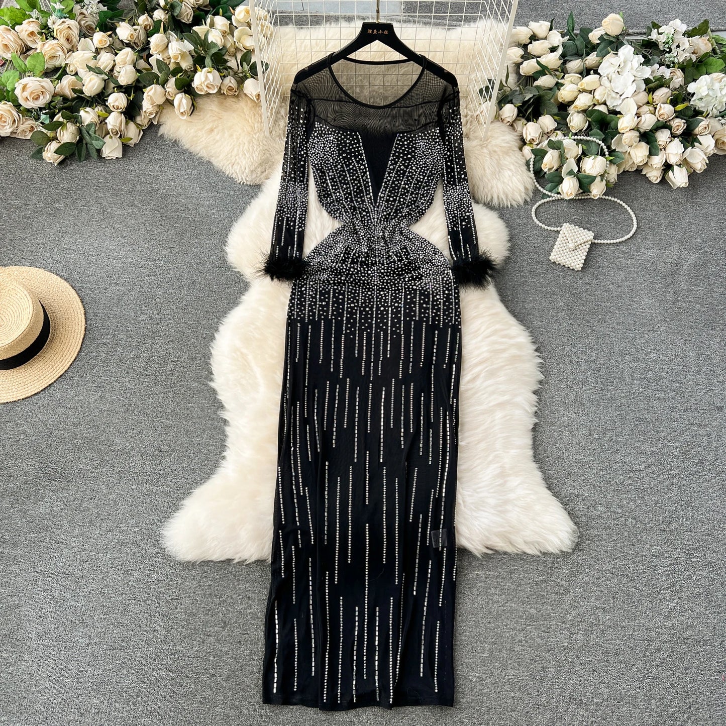 SINGREINY 2024 New Fashion Bodycon Long Dress Europen O Neck Long Sleeve Feather Female Senior Mesh Transparent Diamonds Dress