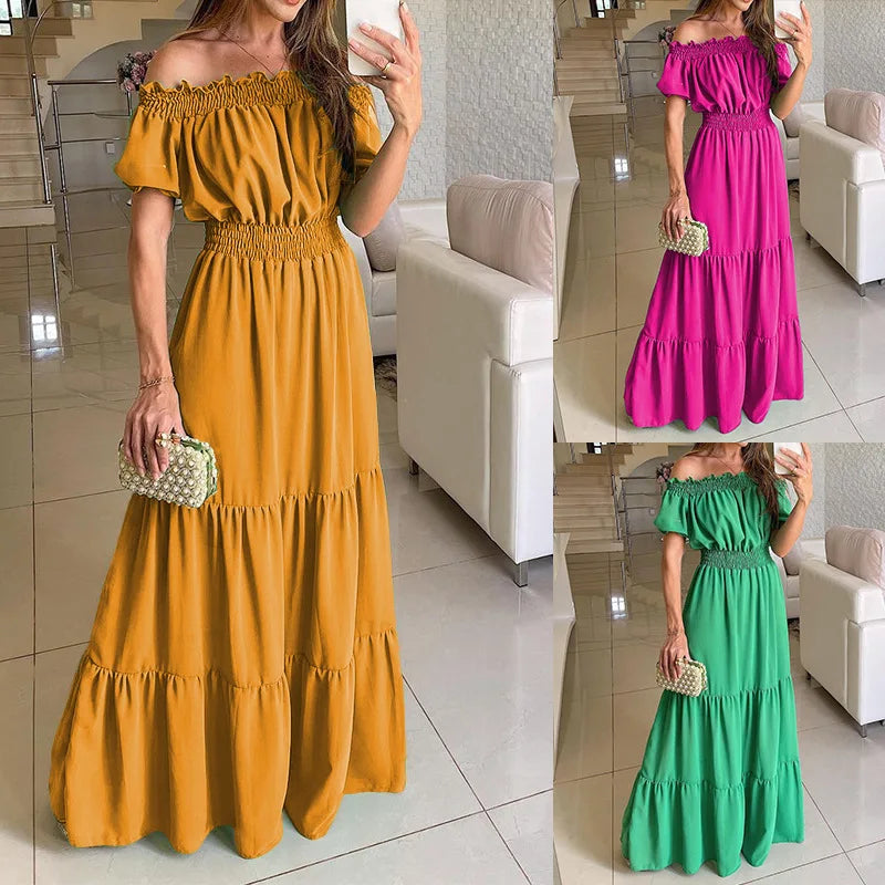 Women's Dress One-line Collar Spring And Summer Short-sleeved New Green Long Dress Fashion Casual Loose Beach Party Dresses Robe