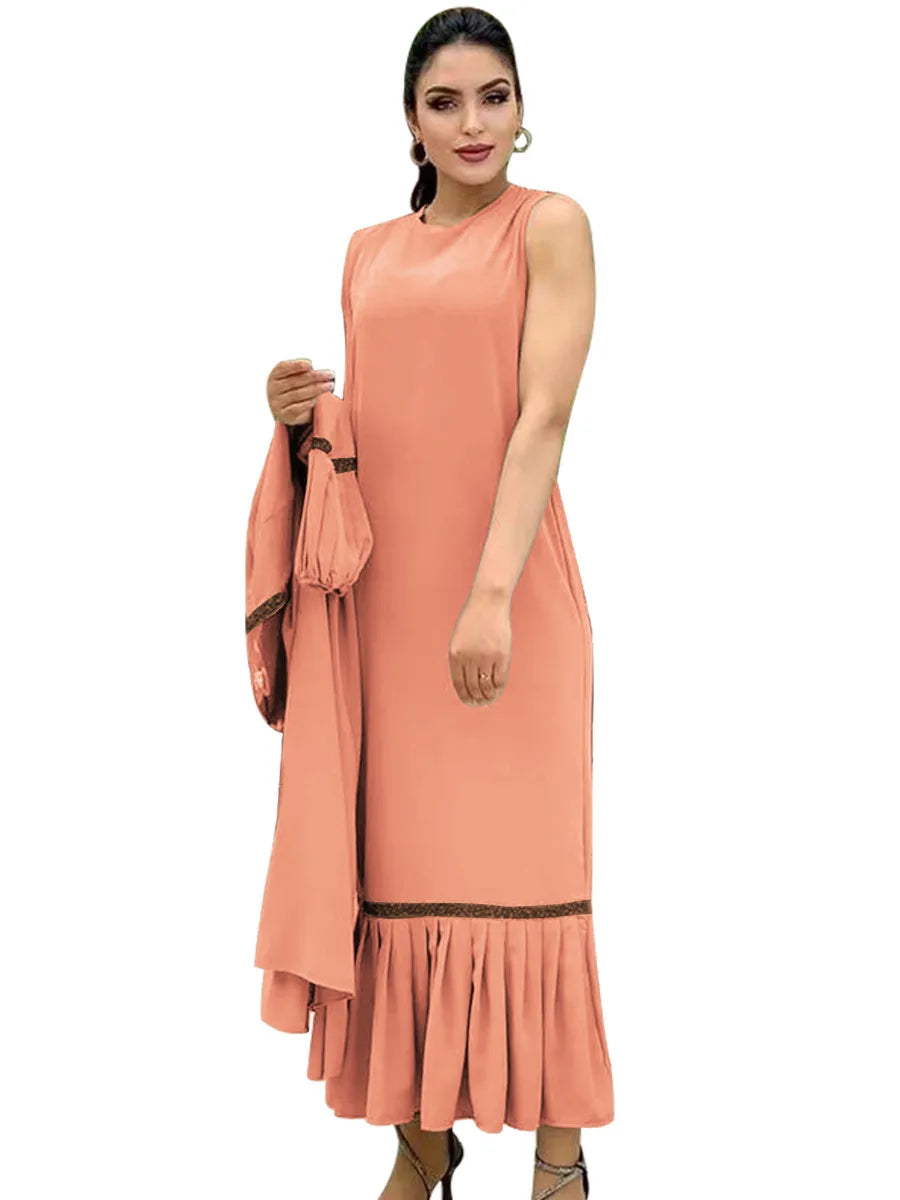 Muslim Women Hijab Dress 2 Piece Set Eid Lantern Sleeve Maxi Long Dress Islamic Clothing Caftan Kimono Big Swing Abaya Dresses