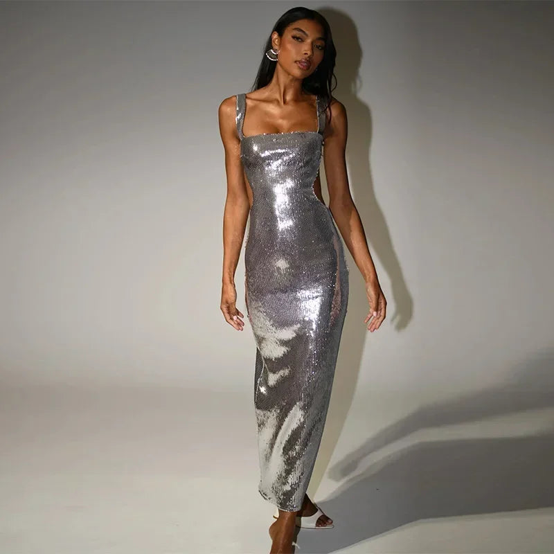 Sexy Square Neck Sling Long Dress Women Slim Sleeveless Backless Hollow Out Maxi Dresses 2025 Lady Party Christmas Gowns