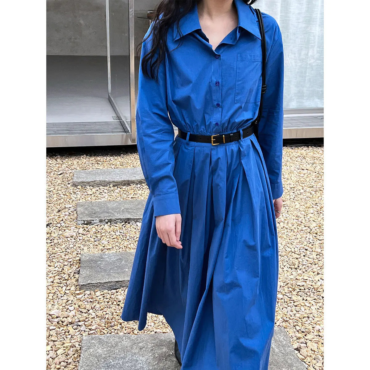 Polo‘s Collar Shirt Dress Women Spring Slimming Long Dress With A Cinched Waist Blue / Pink