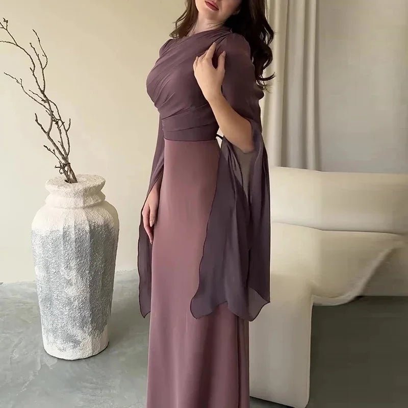 Fashion Satin Solid Robe Dress Women Elegant Batwing Sleeves High Waist Pleats Long Dress Stylish Glass Tulle Slim Evening Dress