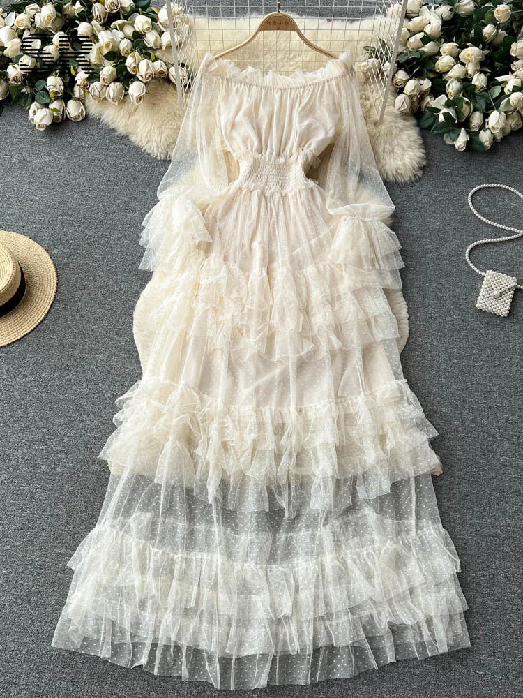 SINGREINY Mesh Party Long Dress Women Ruffle Long Sleeve Slash Neck Elastic Waist French Ladies Summer Elegant A Line Dresses