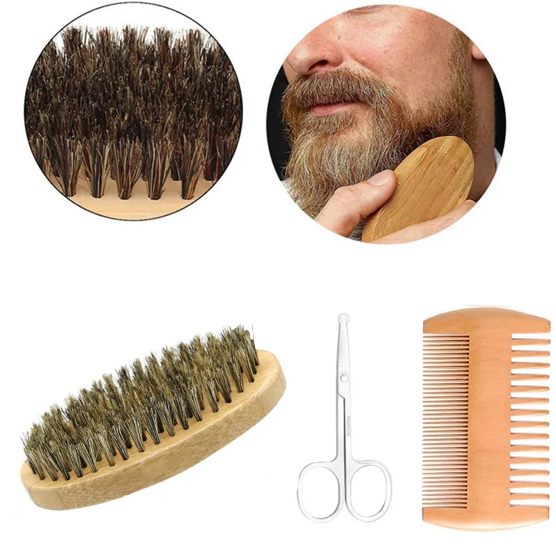 Men Shaving Bamboo Brush Comb Set Boar Bristle Portable Barber Beard Brush Comb Scissors for Facial Cleaning Styling Tool