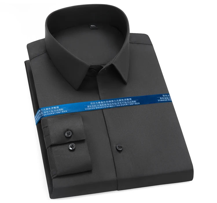Men's Silk Touch Long Sleeve Non-iron Dress Shirt Without Pocket Stretchy Silky Regular Fit Wrinkle Free Business Casual Shirts