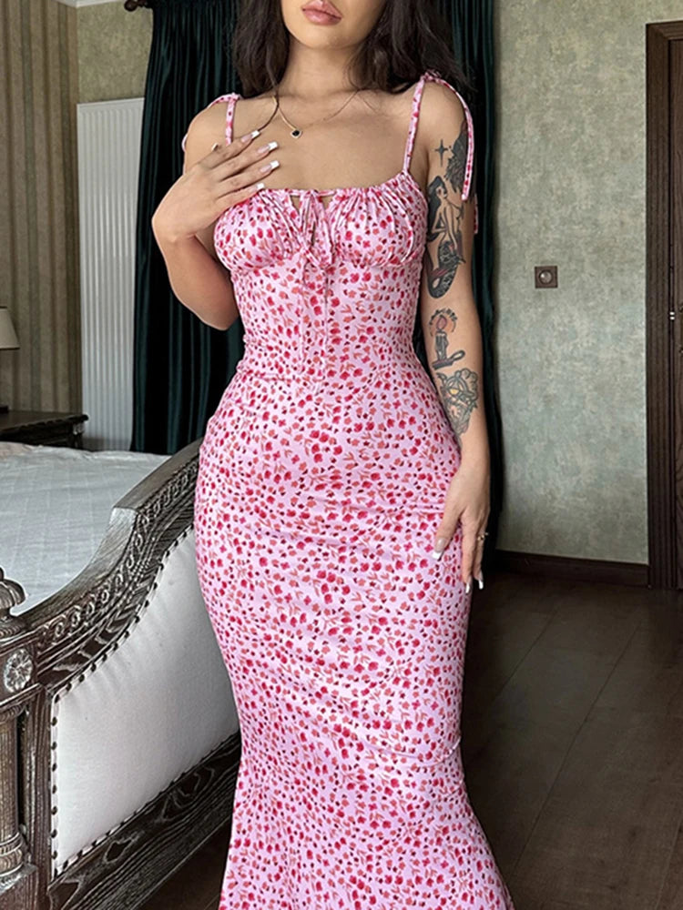 Summer Sexy Sleeveless Lace Up Bodycon Long Dress Summer Floral Maxi Dresses For Women Elegant Beach Vacation Dress Vestidos