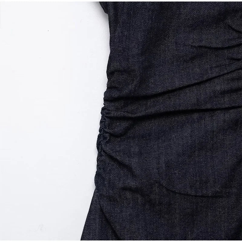 Sexy V-neck Denim Dresses 2025 Women's Spring Fashion Slim Long Dress Chic Short Sleeves Single Button High Street Lady New Robe