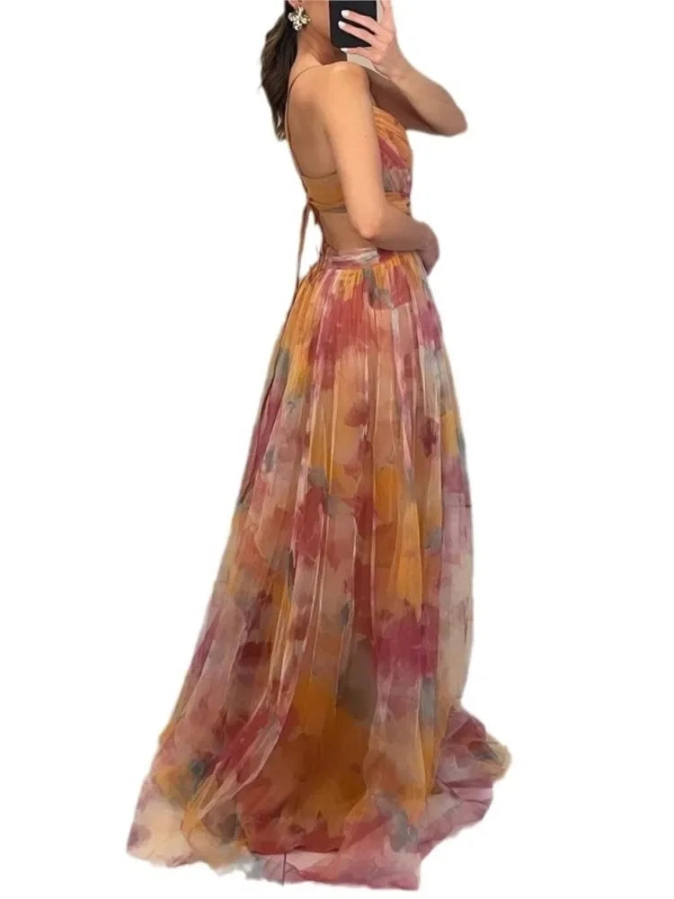 Color Mesh Spaghetti Strap Dresses Women Fashion Sexy V-neck Backless Leace-up Party Club Long Dress Female Evening Vestidos New