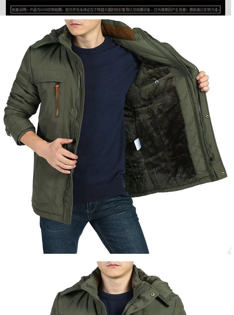 winter Parka Men's Multi-pocket Thickened Fleece-lined Cold-proof Padded Jacket Outdoor Camping Removable Cap Warm Men's Coat