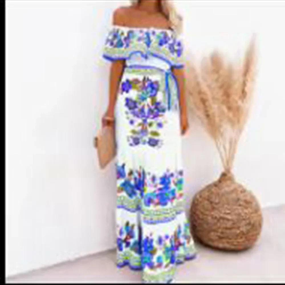 2024 Spring Summer New Independent Stand Amazon Off-shoulder Red Flower Printing Long Dress Oversized Wide Hemline Sleeveless