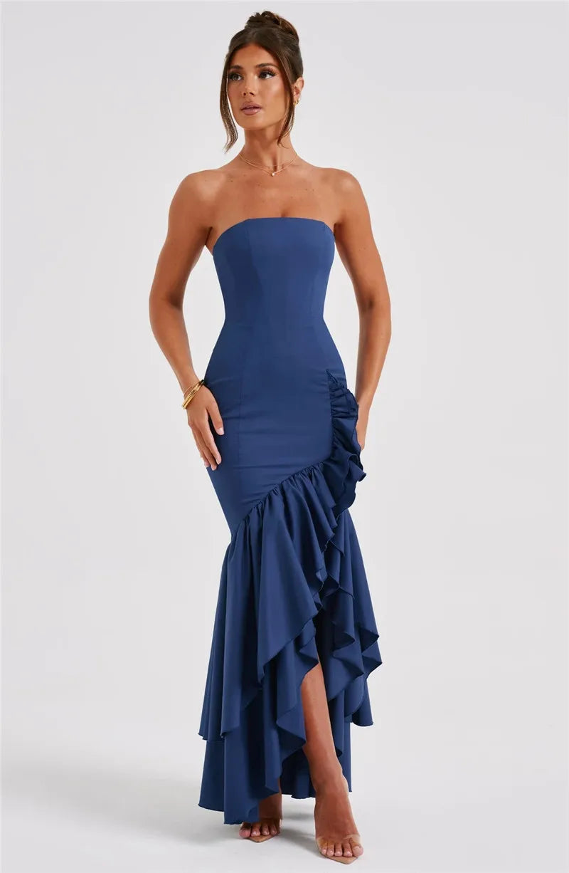 Mozision Strapless High Split Ruffle Long Dress For Women Fashion Off-shoulder Backless Sleeveless Bodycon Club Party Sexy Dress