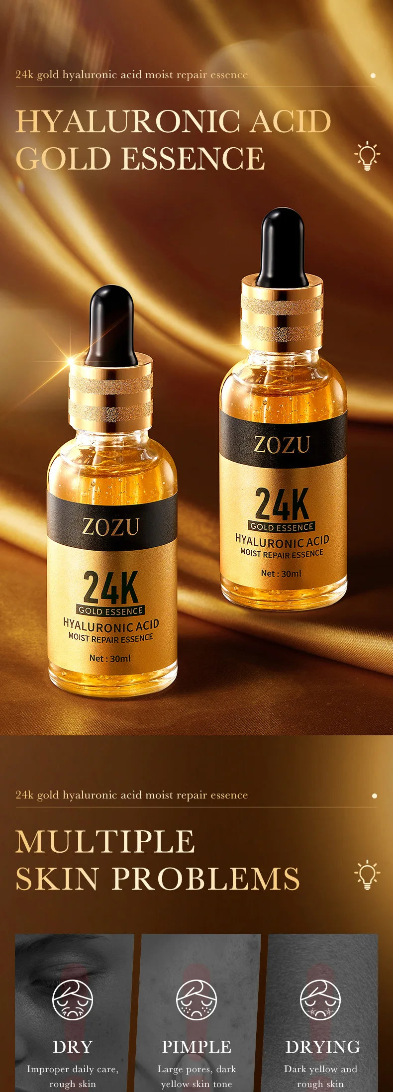 1/2/3pcs 24K Gold Hyaluronic Acid Serum Facial Essence Moisturizing Hydrating Anti-aging Face Serum Facial Skin Care Products