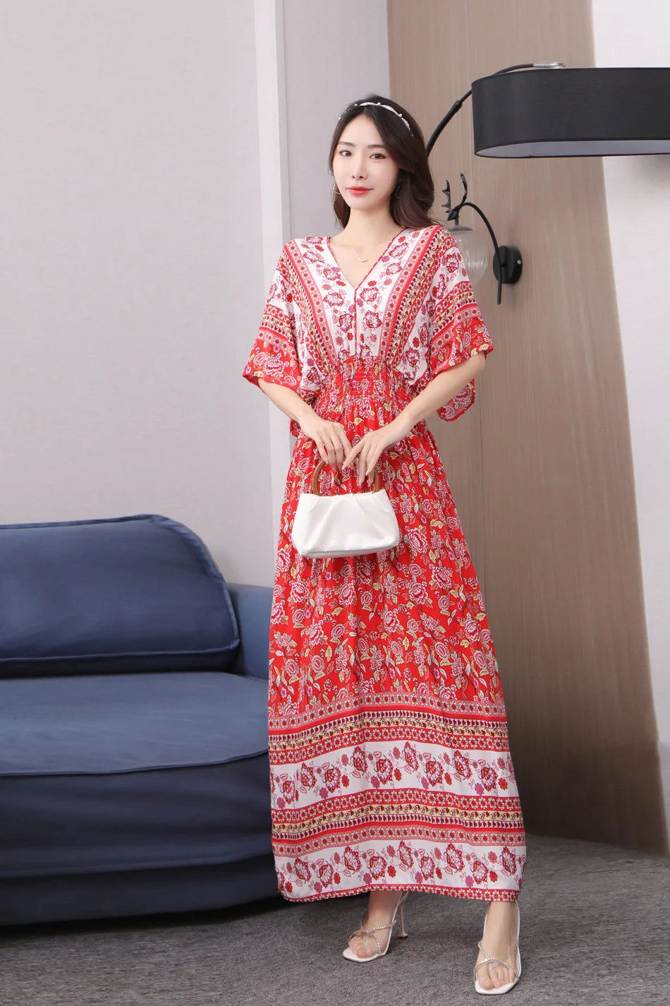 V-neck Large Skirt Hem Casual Sweet Holiday Long Dress Bat Sleeves Elastic Waist Bohemian Print Floral Elegant Dresse For Women