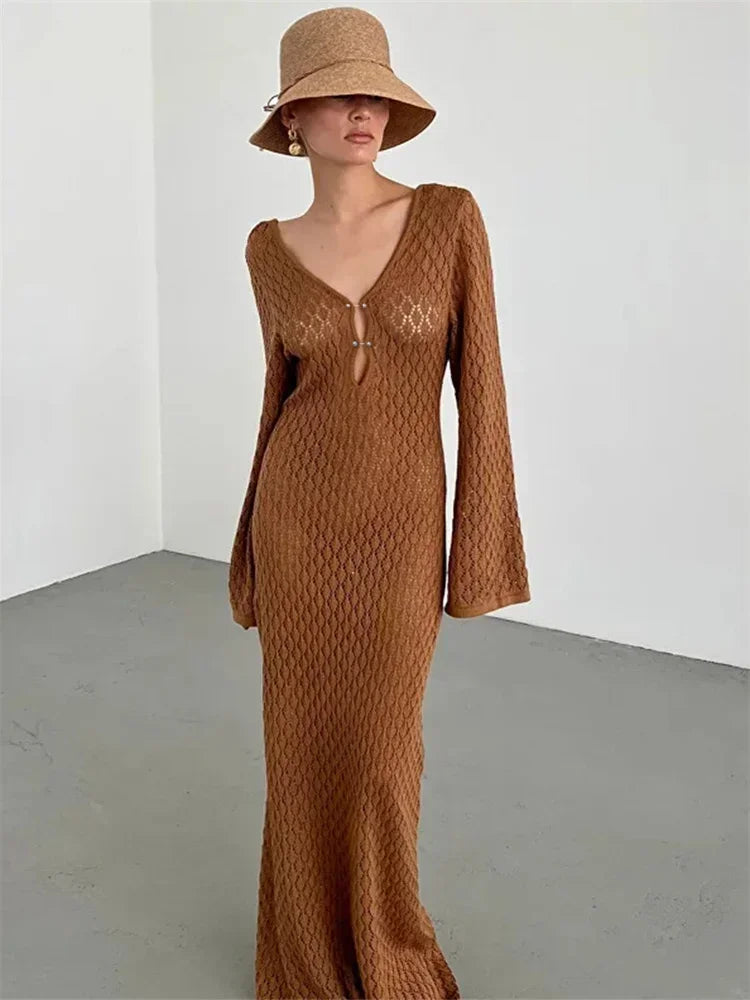 TARUXY Crochet Beach Maxi Dress Women's Sexy Knitted Hollow Bikini Swimsuit Cover-Up Sun Protection Dress See Through Slim Lady