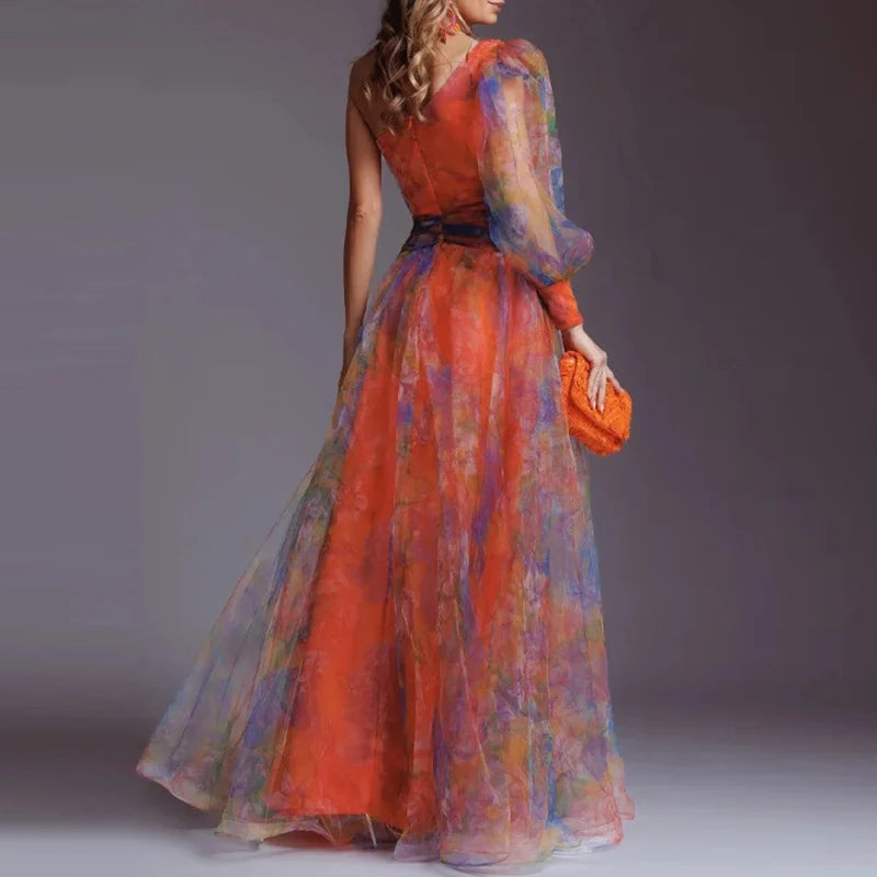 Women Elegant Split Hollow Party Dress Fashion Contrast Print Mesh Maxi Dress Sexy One Shoulder Long Sleeve Irregular Long Dress