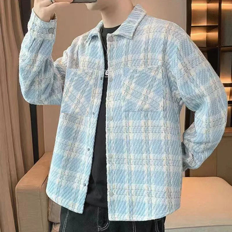 Men's Spring/Autumn/Winter Woolen Tweed Slim Fit Collarless Jacket with Color Blocking Design for a Youthful Look