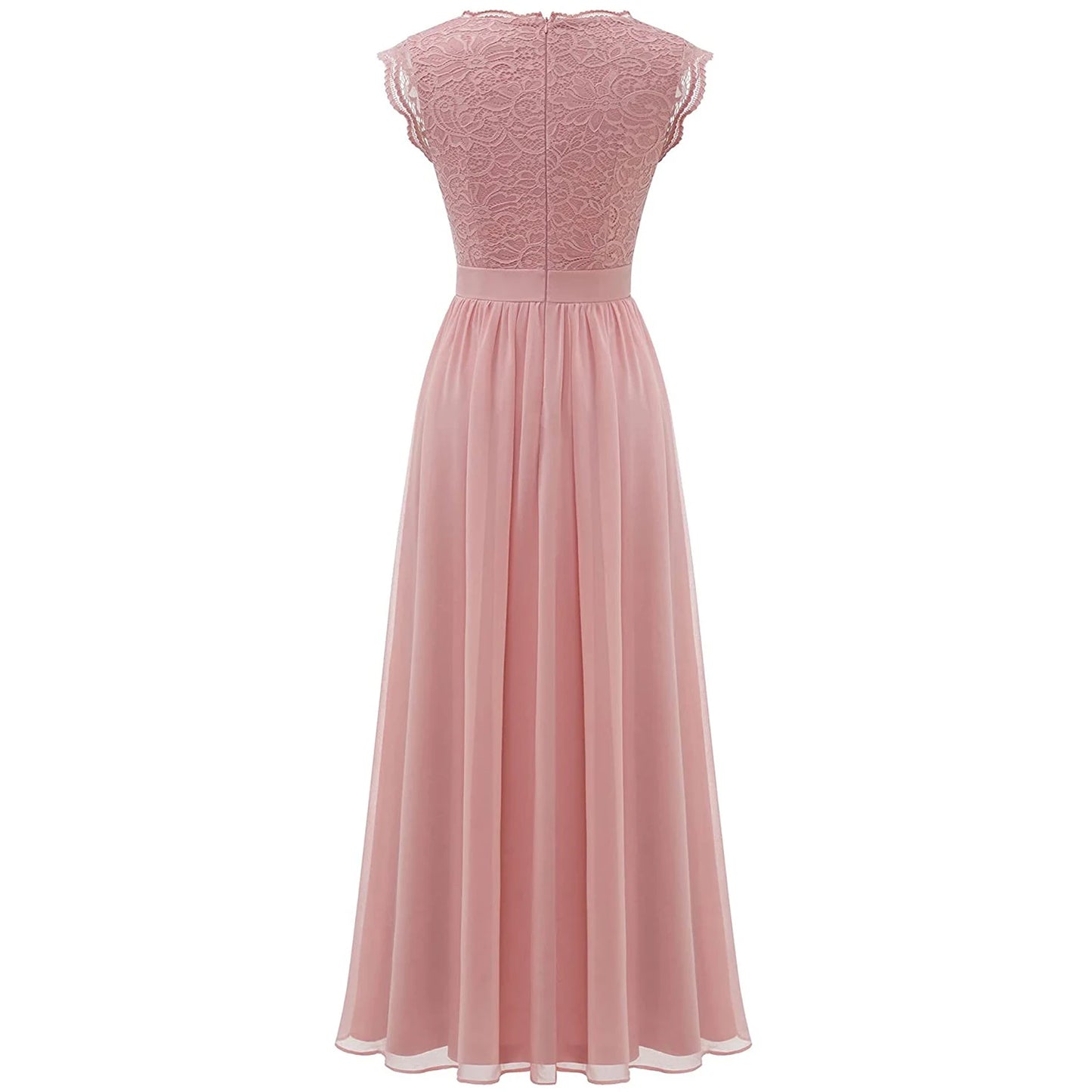 Elegant Women's Party Bridesmaid Long Dress Lace Patchwork Chiffon Sleeveless Wedding V Neck One Piece Formal Party Midi Dress