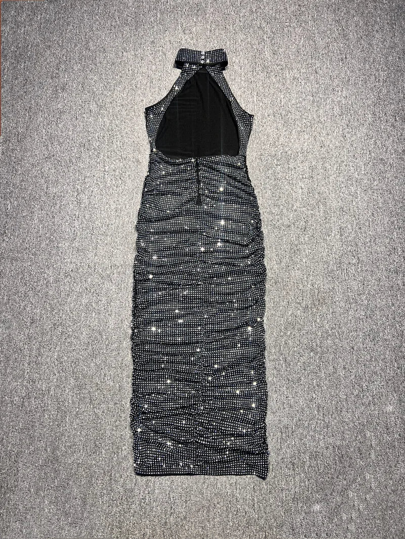 VC Halter Neck Backless Diamonds Long Dress For Women Sleeveless Folds Slim Formal Elegant Celebrity Cocktail Party Gown Vestido