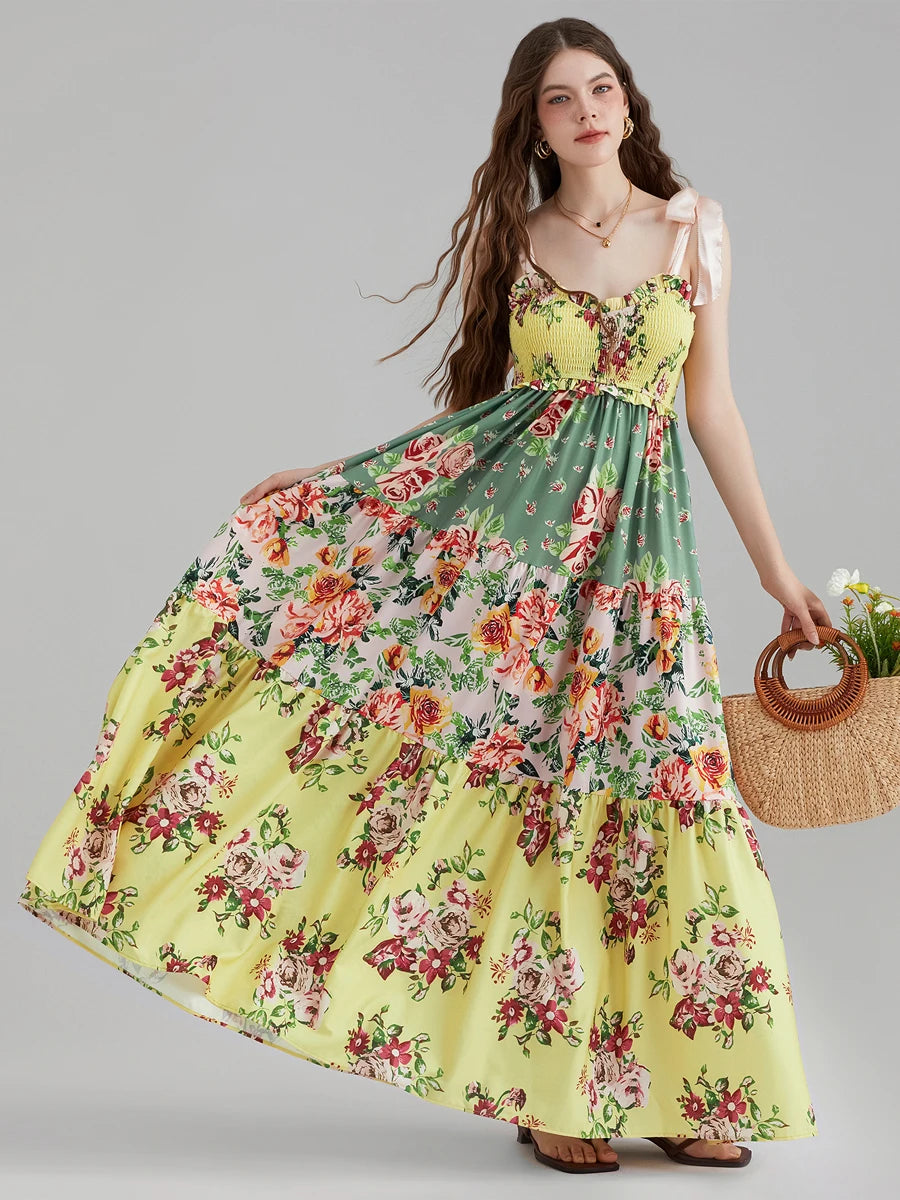 Combhasaki Women's Y2K Vintage Floral Print Ribbon Tie-Up Shoulder Straps Sleeveless V-Neck Summer Big Swing A-line Long Dress
