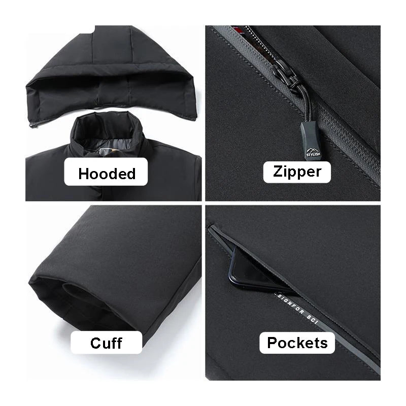 New Hooded Fleece Lining Men's Winter Jacket Coat Parka With Zipper Pockets Korean Winter Jackets for Men's Winter Coats Black