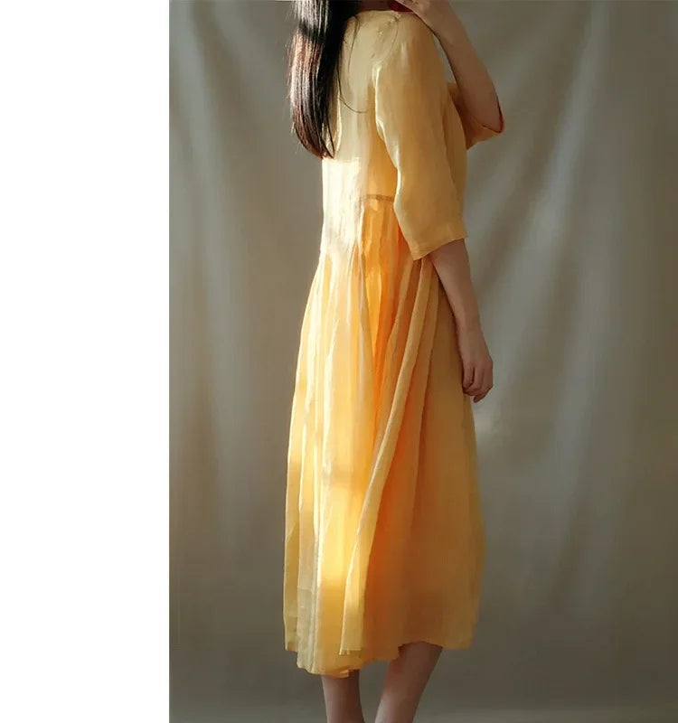 In-stock Korean Lightweight Elegant Dress Artistic Vintage Loose-fit Travel Vacation Long Dress Cotton Linen Women's Clothing