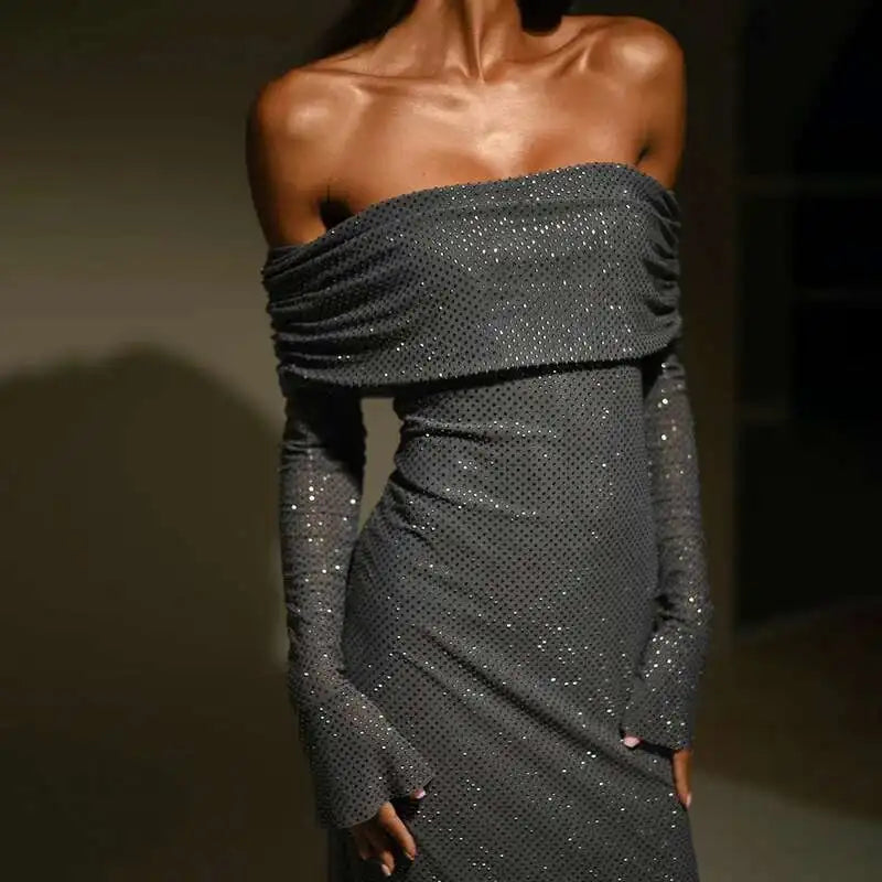 Townlike Elegant Off Shoulder Maxi Long Dress Women 2023 Autumn Winter Dress Sparkle Glittar Nightclub Sexy Party Dresses