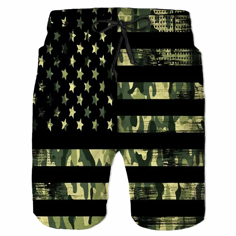 American Flag Gun Weapons Hawaii 3D Printing Hip Hop Board Shorts Summer Swimsuit Surf Swim Trunks Big Size Swimwear Men Beach