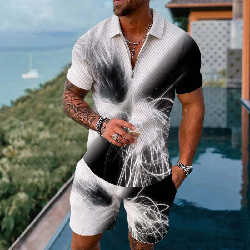 Solid Color Gradient Print Men's Sweatsuit Set Summer Casual Zipper Polo Shirt And Shorts 2pcs Sets Trend Man Pullover Clothing