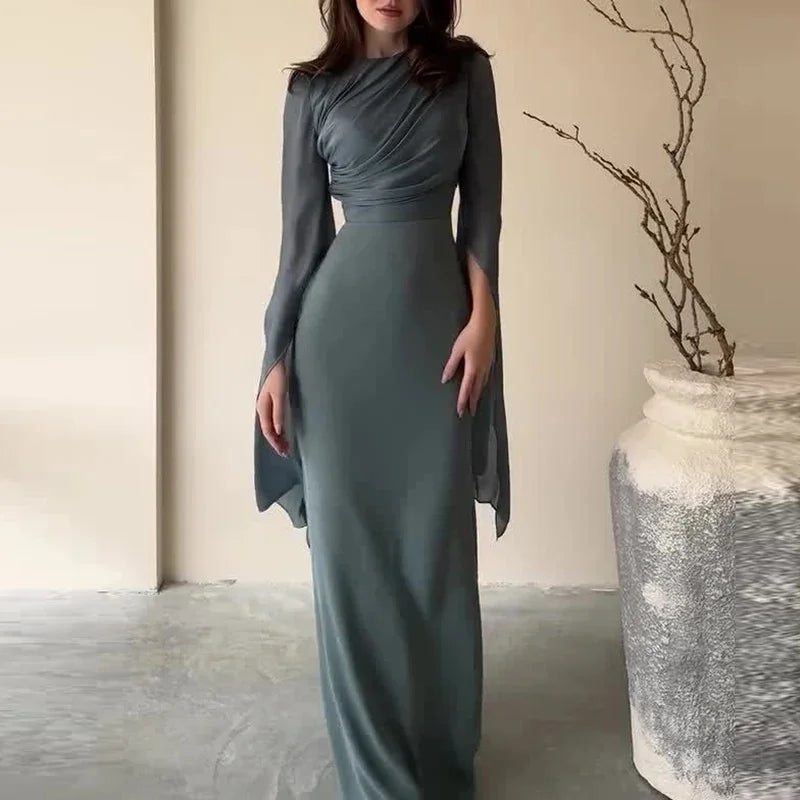 Fashion Satin Solid Robe Dress Women Elegant Batwing Sleeves High Waist Pleats Long Dress Stylish Glass Tulle Slim Evening Dress