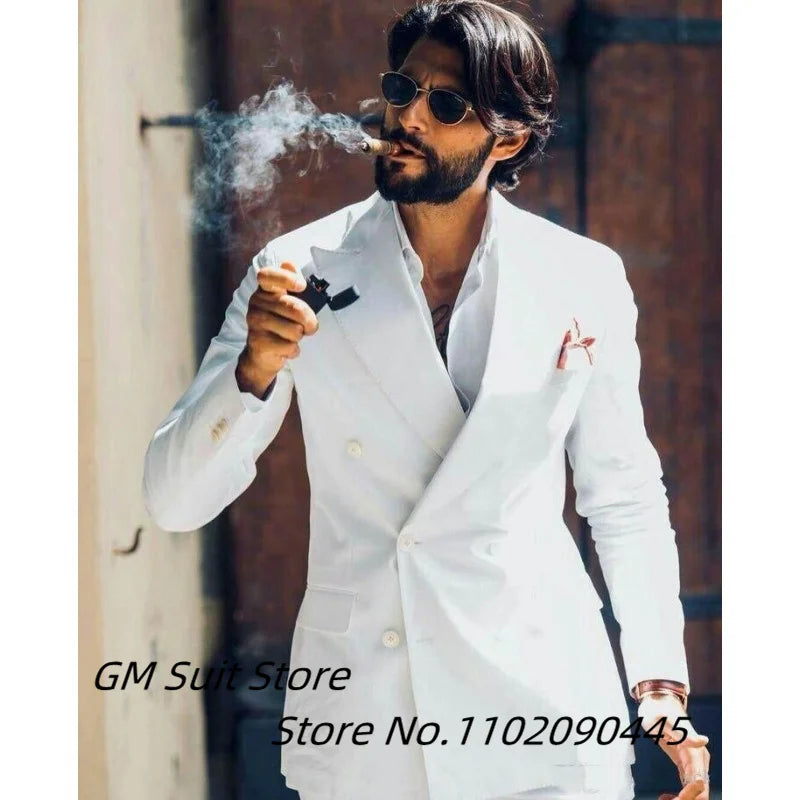Men's Suit Two-piece Solid Color Double Breasted Fashion Spike Lapel Slim Fit Cropped Pants Casual Business Party Suits 2023