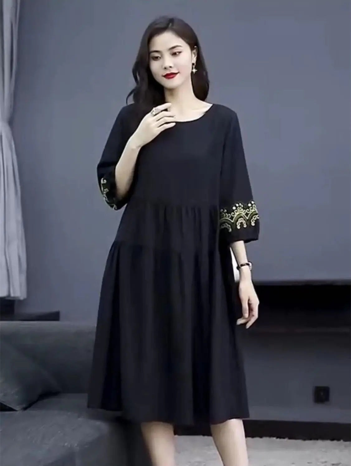 Oversized Women Vintage Long Dress Fashion Casual Spring Summer New 3/4 Sleeve Indie Folk Embroidery Big Size Pullover Midi Robe
