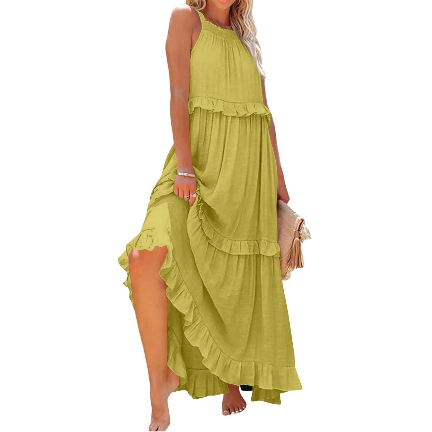 Women's Ruffled hem layered long dresses Summer Sleeveless backless dress Fashion Long Dress Big Swing Beach Dress vestidos