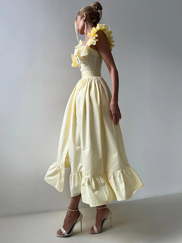 Flying Sleeve Ruffle Striped Slip Long Dress Women Elegant Square Collar Waist Cinching Pleat Party Dresses Chic Ladies Vestido