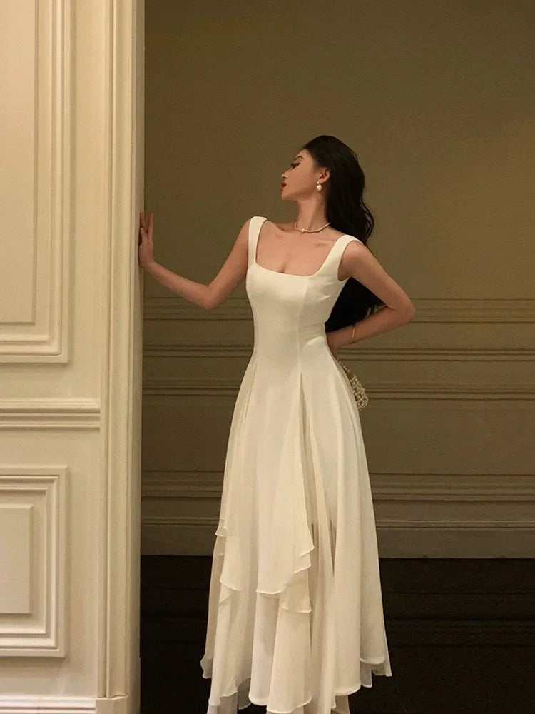 Summer Solid Elegant Camisole Long Dress Women Sweet Sleeveless A-Line Ruffles Fairy Dress Female Evening Party Vestidos Largos