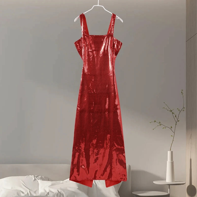 Sexy Square Neck Sling Long Dress Women Slim Sleeveless Backless Hollow Out Maxi Dresses 2025 Lady Party Christmas Gowns