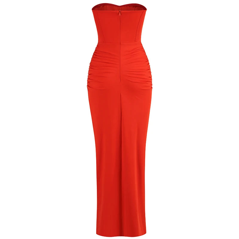 Summer New  women's Sexy breast wrapping,backless Dress, Red Wrinkled Hem Split Party ceremonial dress Long, Dress