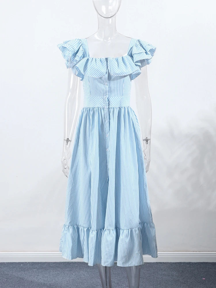 Flying Sleeve Ruffle Striped Slip Long Dress Women Elegant Square Collar Waist Cinching Pleat Party Dresses Chic Ladies Vestido