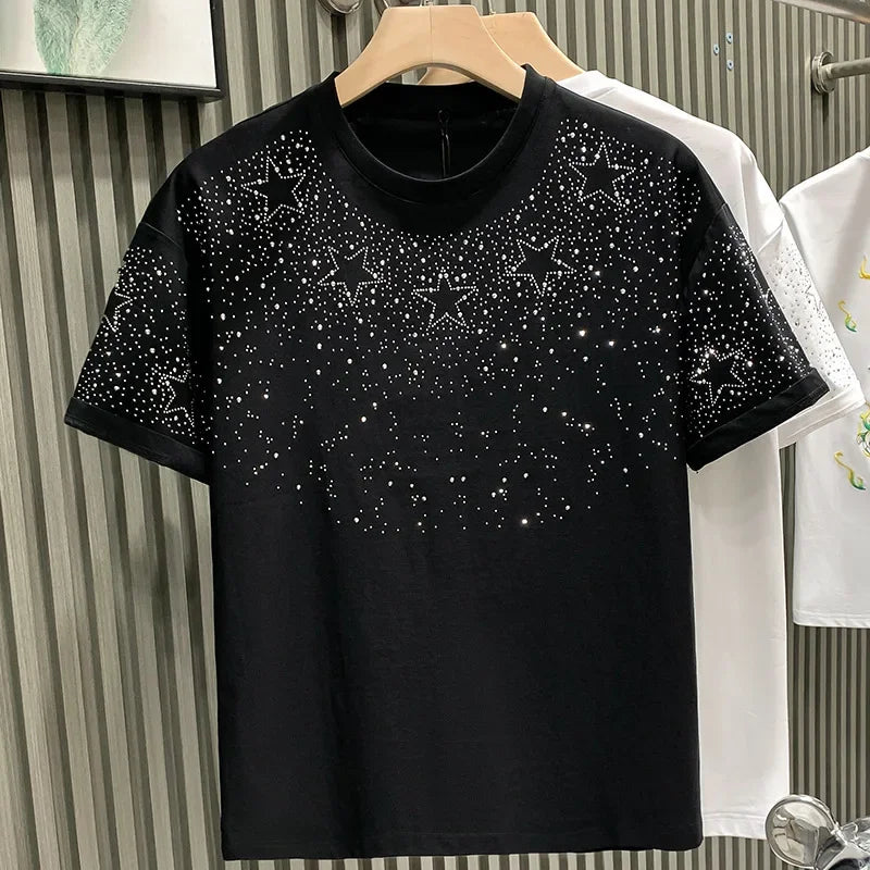 Fashionabletrendy European Style Luxury Men's Short Sleeve T-shirt Star Embroidery Network Red Hot Sell Niche Half Sleeve Tee