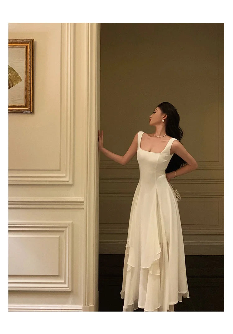 Summer Solid Elegant Camisole Long Dress Women Sweet Sleeveless A-Line Ruffles Fairy Dress Female Evening Party Vestidos Largos