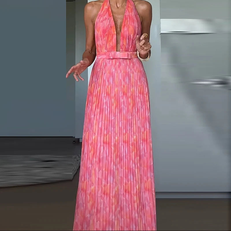 Sexy Low-cut V-neck Tie-up Evening Dress Women Fashion Pattern Print Pleated Long Dress Elegant Sleeveless Backless Party Dress