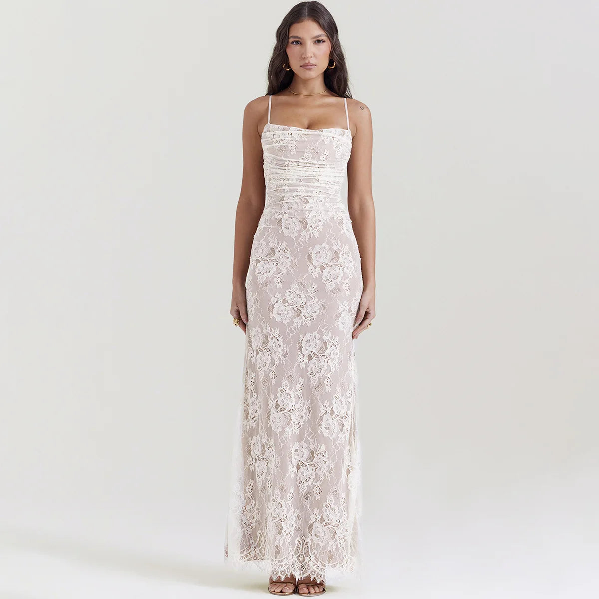 Mozision Elegant Lace Print Maxi Dress Set Women Fashion Spaghetti Strap Long Sleeve Bodycon Club Party Sexy Long Dress