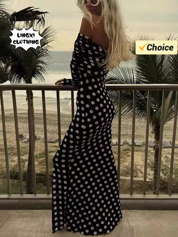 2024 Summer Fashion Vacation Style Fashion Party Women's Long Elegant One Shoulder Wave Dot Slim Fit Sexy Long Dress