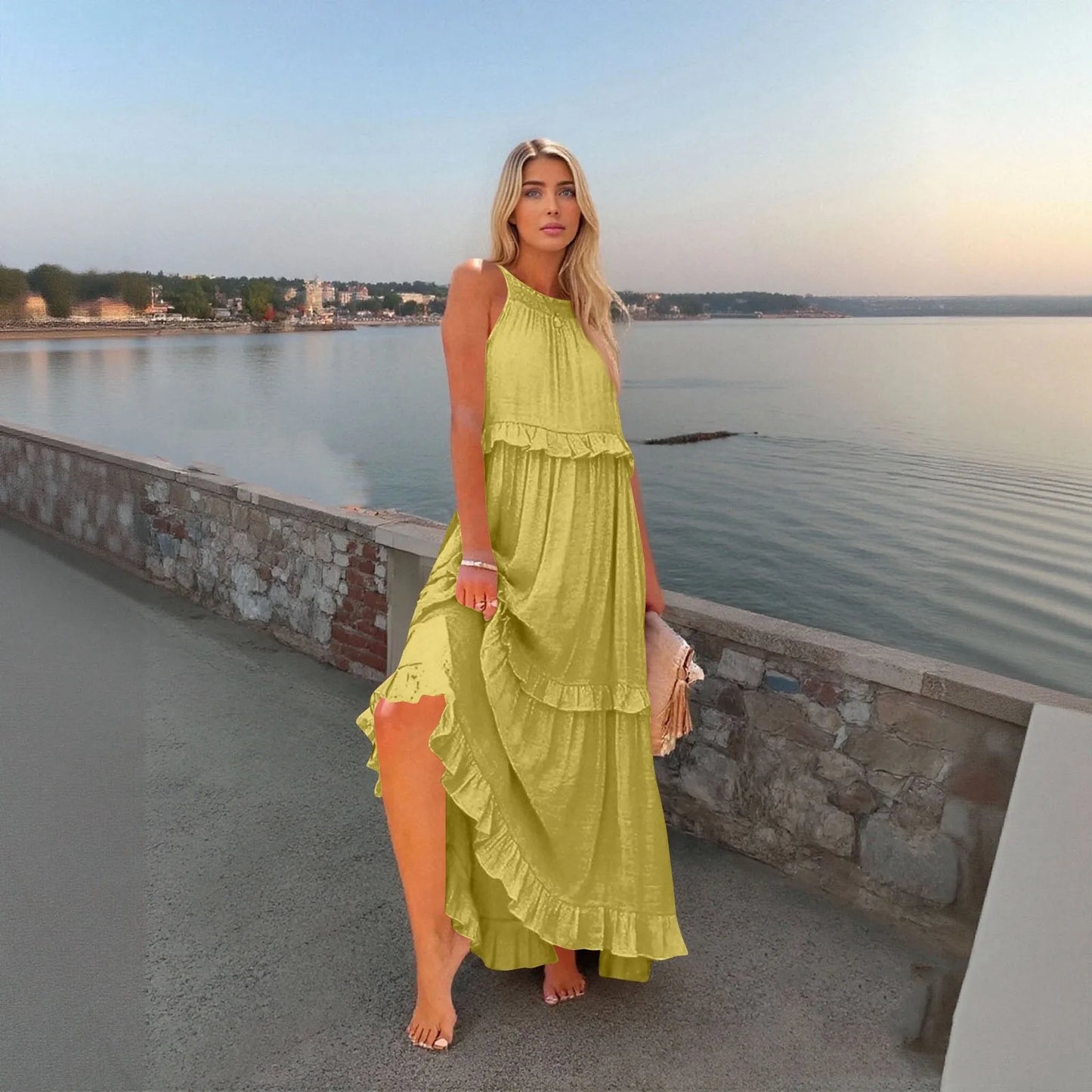 Women's Ruffled hem layered long dresses Summer Sleeveless backless dress Fashion Long Dress Big Swing Beach Dress vestidos