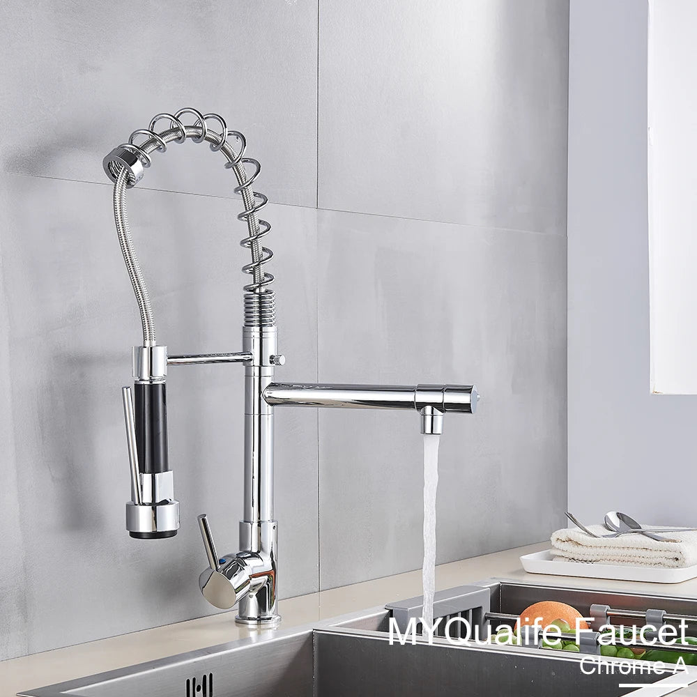 Black Pull Down Kitchen Sink Faucet Hot Cold Water Mixer Crane Tap with Dual Spout 360 Rotation High Faucet Deck Mounted