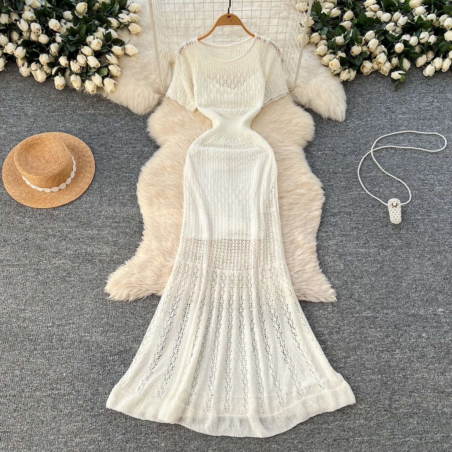 SINGREINY Vacation Style Casual Dress Suits Solid Strap Short Sundress+Knitting Hollow Out Long Dress Korean Women Beach Sets